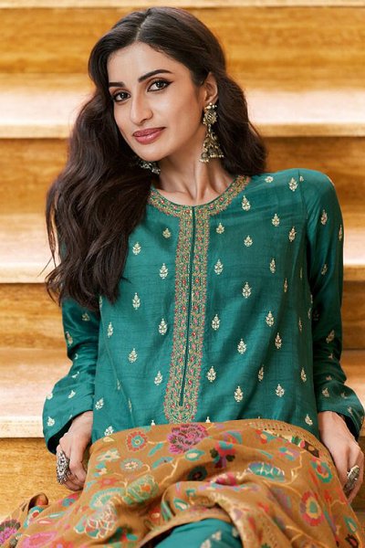 Ready To Wear Teal Green Viscose Silk Weaved A-line Kurta With Kashmiri Kani Dupatta
