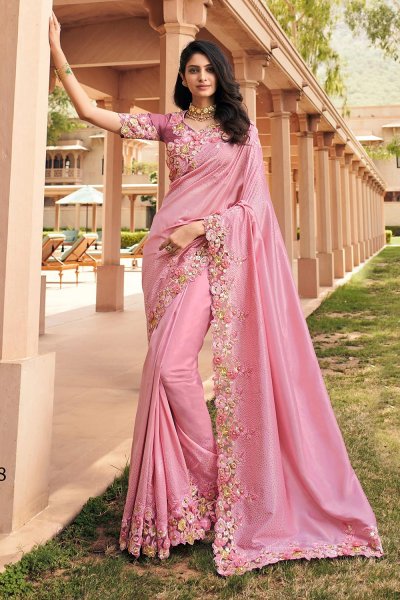 Light Pink Silk Based Designer Border Saree