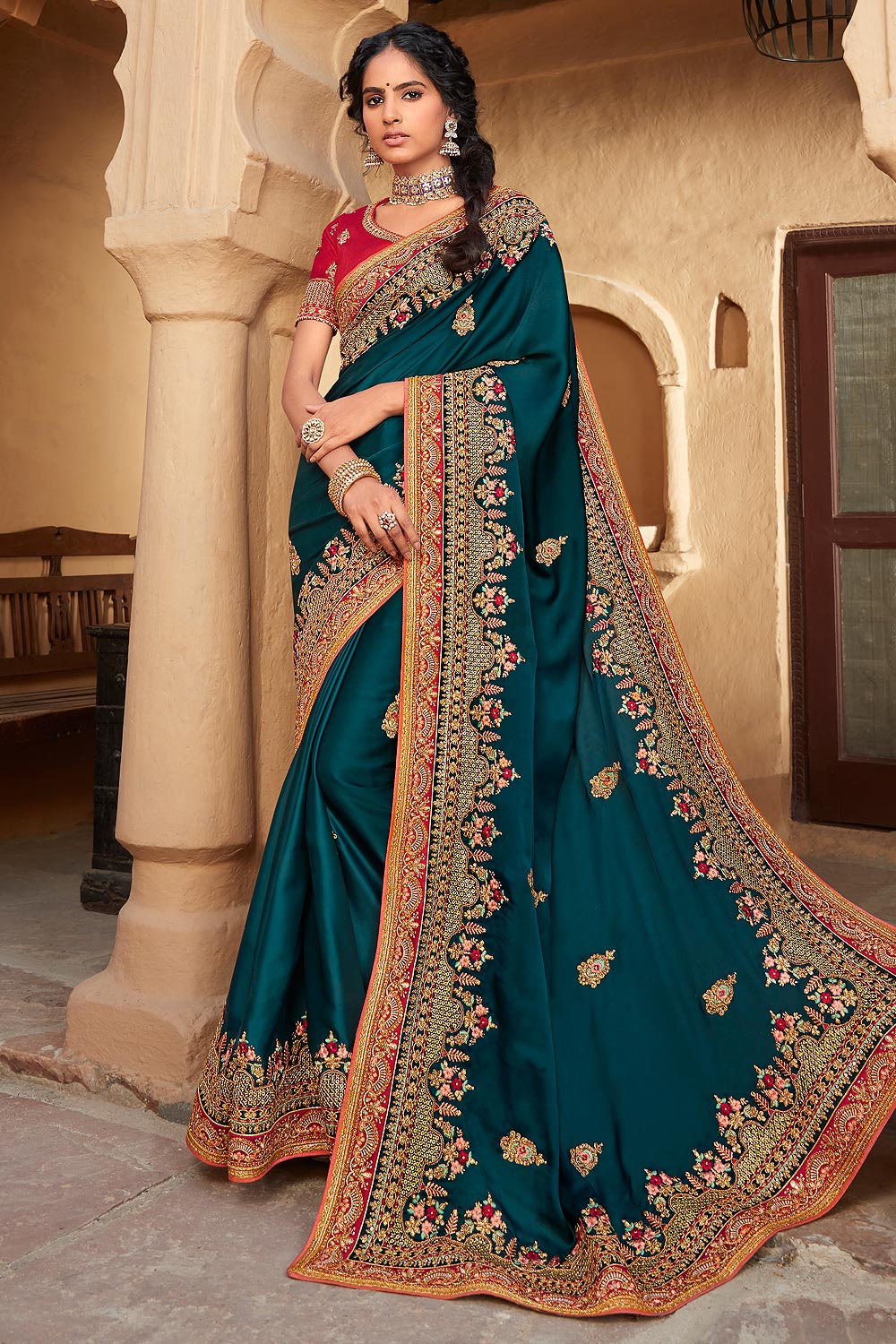 Buy Dark Teal Blue Silk Based Embellished Saree Online | Like A Diva