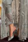 Grey Net Front Slit Anarkali With Pants & Skirt