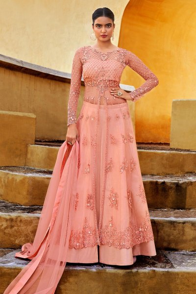 Peach Net Front Slit Anarkali With Pants or Skirt