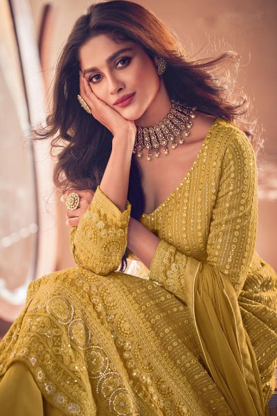 Mustard Yellow Embellished Georgette Anarkali Suit with Skirt