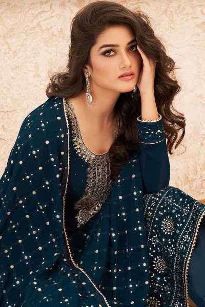 Teal Blue Georgette Embellished Kurta With Palazzo