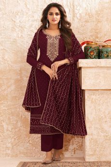 Deep red Georgette Embellished Kurta With Palazzo