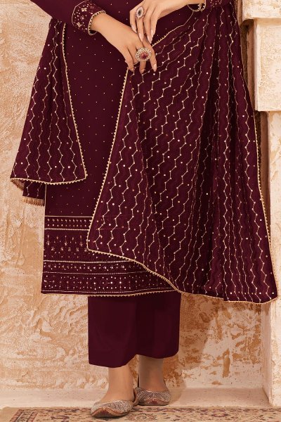 Deep red Georgette Embellished Kurta With Palazzo