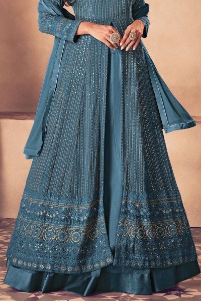 Steel Blue Embellished Georgette Anarkali Suit with Skirt