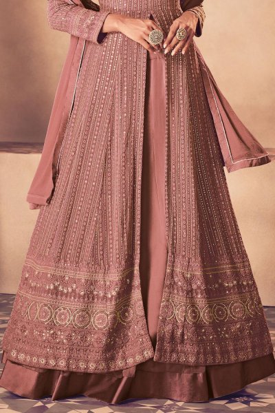 Brick Brown Embellished Georgette Anarkali Suit with Skirt
