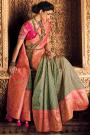 Sage Green & Pink Zari Weaved Banarasi Silk Saree