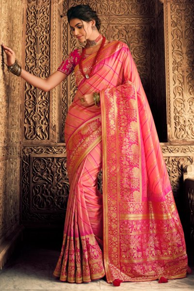 Light Pink Zari Weaved Banarasi Silk Saree