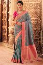 Steel Blue & Pink  Zari Weaved Banarasi Silk Saree