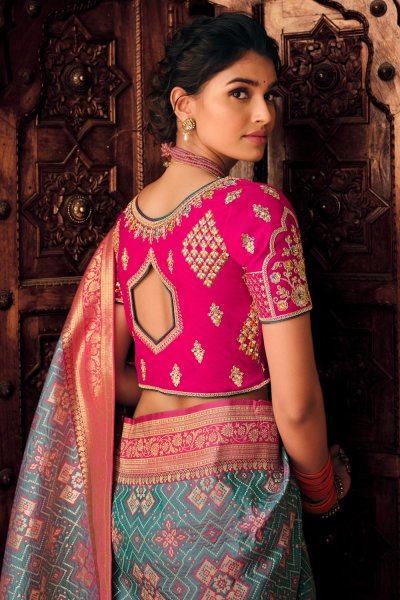 Steel Blue & Pink  Zari Weaved Banarasi Silk Saree