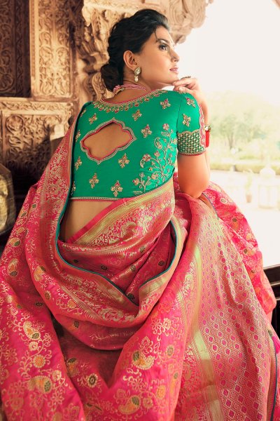 Pink Zari Weaved Banarasi Silk Saree