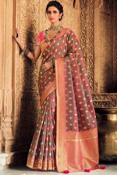 Purplish Zari Weaved Banarasi Silk Saree