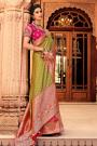 Mehendi Green & Pink Zari Weaved Banarasi Silk Saree