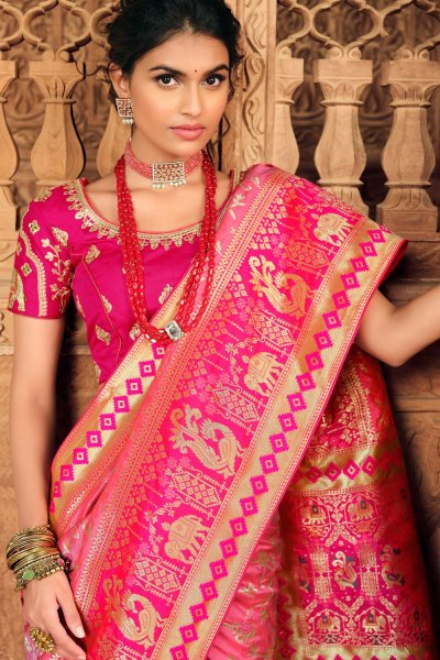 Pink Zari Weaved Banarasi Silk Saree
