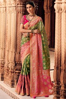 Olive Green & Pink Zari Weaved Banarasi Silk Saree