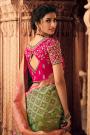 Olive Green & Pink Zari Weaved Banarasi Silk Saree