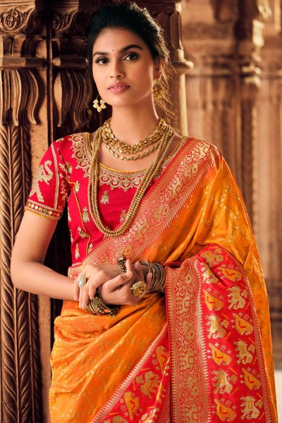 Yellow & Red Zari Weaved Banarasi Silk Saree