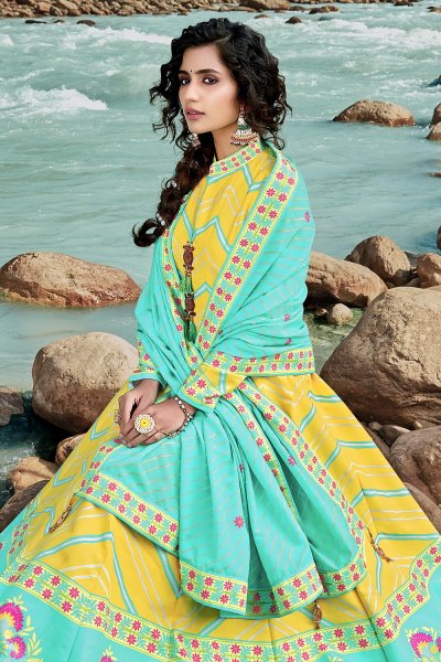 Ready To Wear Aqua Green & Yellow Silk Patola Print Anarkali Dress