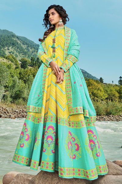Ready To Wear Aqua Green & Yellow Silk Patola Print Anarkali Dress