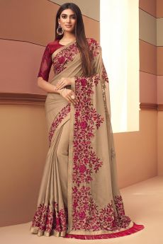 Beige Silk Embellished Saree