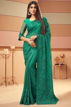 Teal Green Silk Embellished Saree