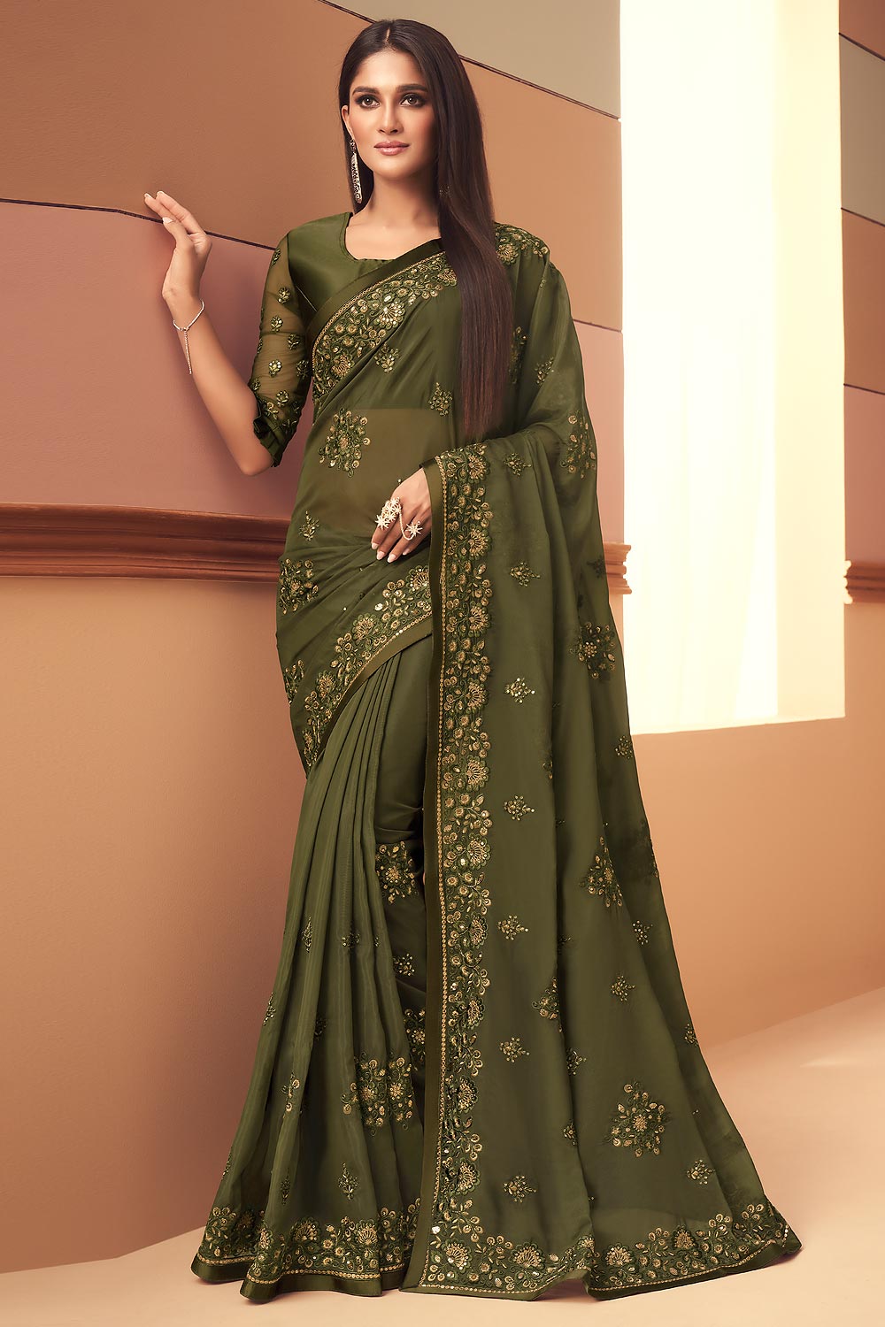 Olive Green Silk Embellished Saree