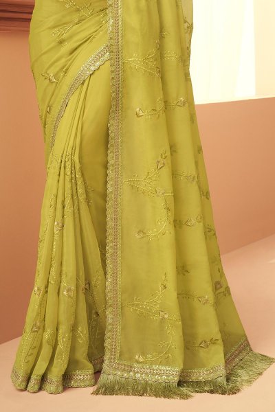 Lime Green Silk Embellished Saree