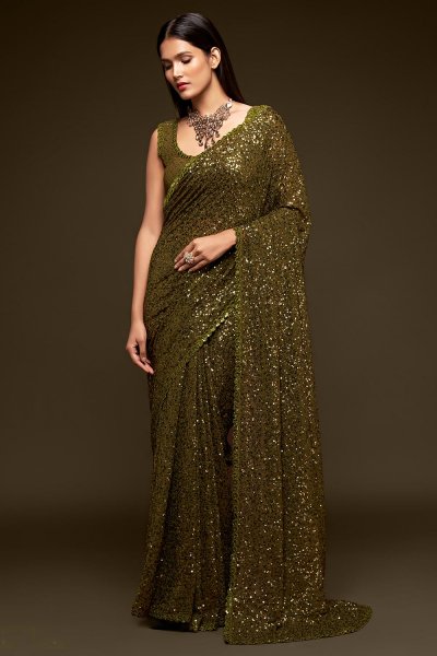 Olive Green Georgette Sequined Saree