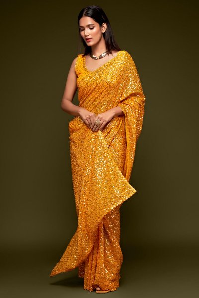 Yellow Georgette Sequined Saree