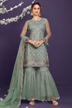Sage Green Net Embellished Suit With Sharara