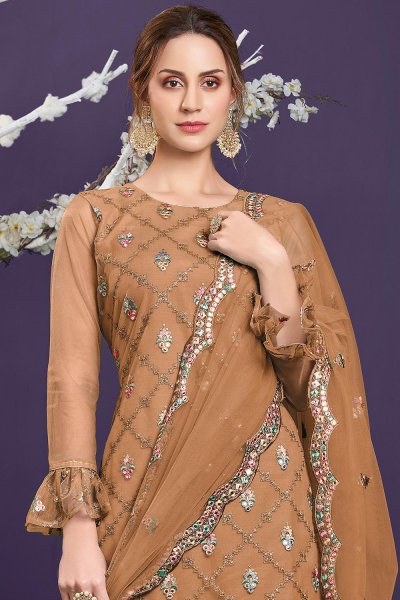 Tawny Brown Net Embellished Suit With Sharara
