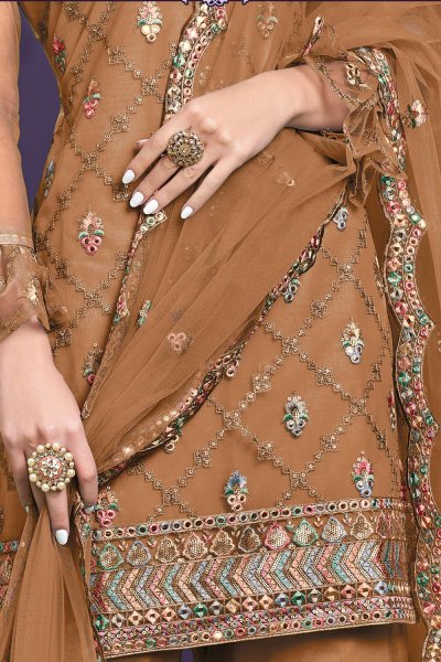 Tawny Brown Net Embellished Suit With Sharara