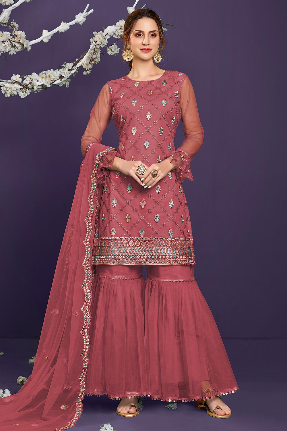 Rosewood Pink Net Embellished Suit With Sharara