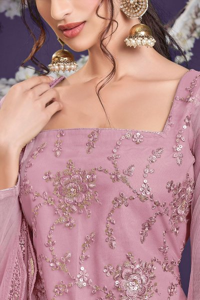 Light Pink Net Embellished Suit With Sharara