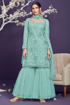 Aqua Blue Net Embellished Suit With Sharara