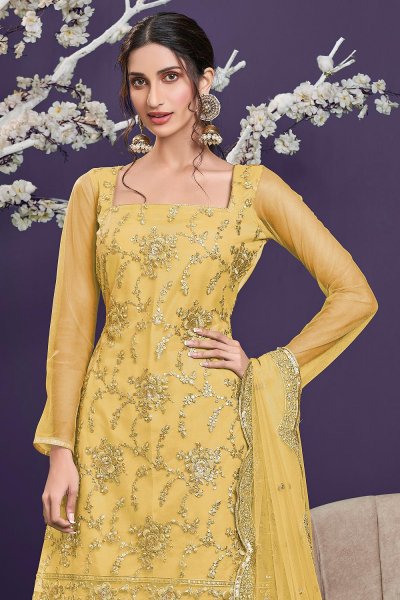 Yellow Net Embellished Suit With Sharara