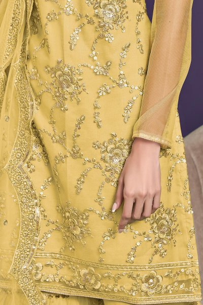 Yellow Net Embellished Suit With Sharara