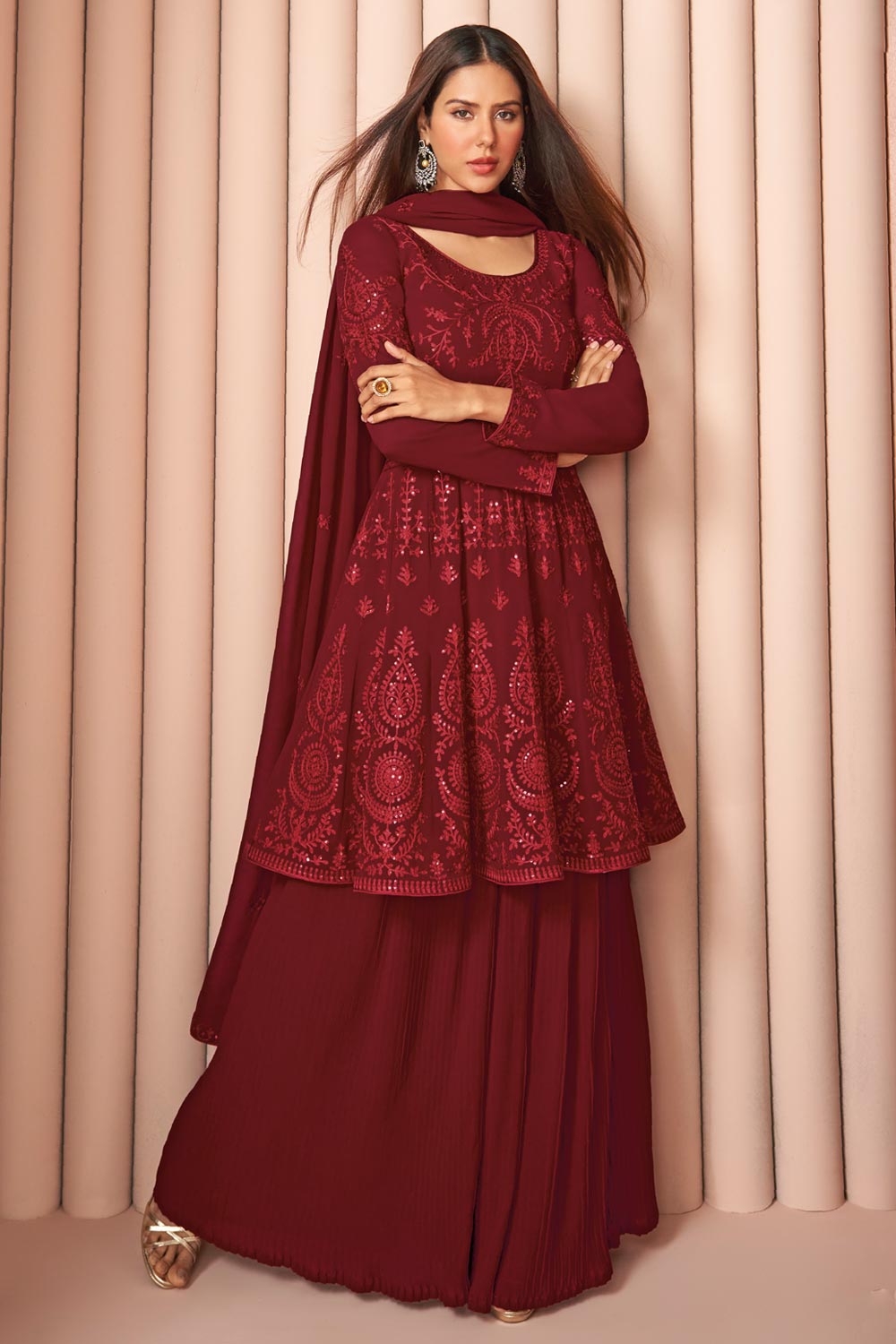 Deep Red Georgette Sharara Style Peplum Suit
