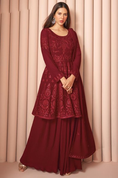 Deep Red Georgette Sharara Style Peplum Suit