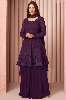 Dark Purple Georgette Sharara Style Peplum Suit
