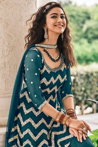 Ready To Wear Teal Blue Georgette Sharara Style Peplum Suit