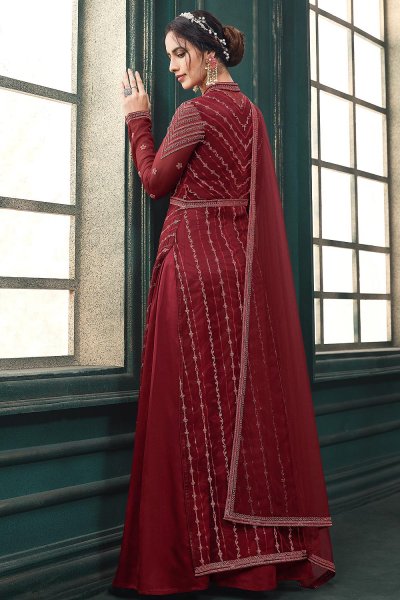 Deep Red Net Embellished Cape Style Anarkali Dress