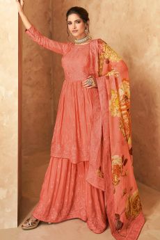 Coral Peach Georgette Embellished Sharara Suit