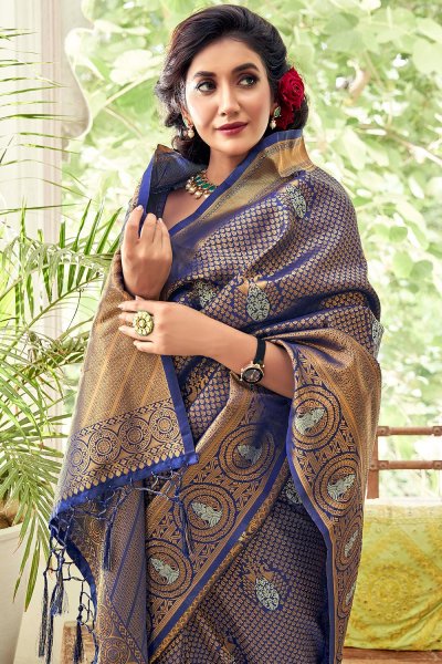 Navy Blue Zari Weaved Soft Handloom Silk Saree
