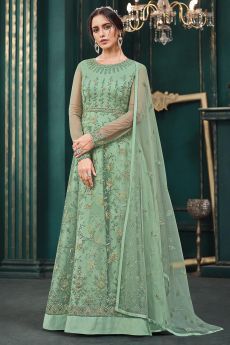 Aqua Green Net Embellished Anarkali Dress
