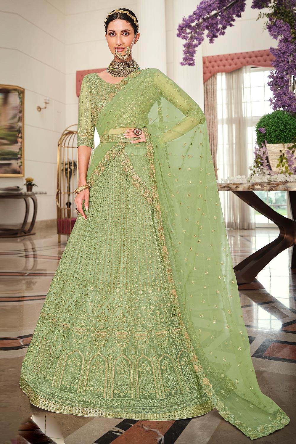 Buy Pista Green Net Lehenga With Belt 