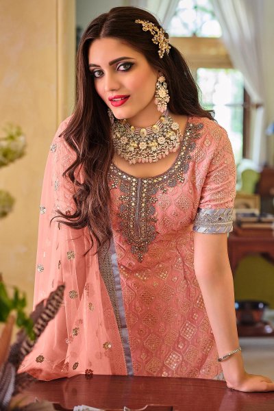 Peach Embellished Georgette Sharara Style Suit