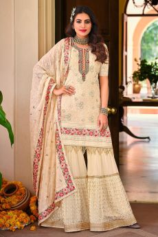 Cream Embellished Georgette Sharara Style Suit