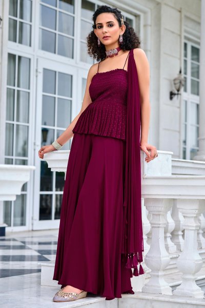 Ready To Wear Plum Peplum Style Georgette Embellished Palazzo Suit